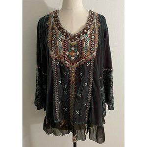 John Mark Multicolored Heavily Embroidered Velvet Long Sleeve Tunic Women’s L